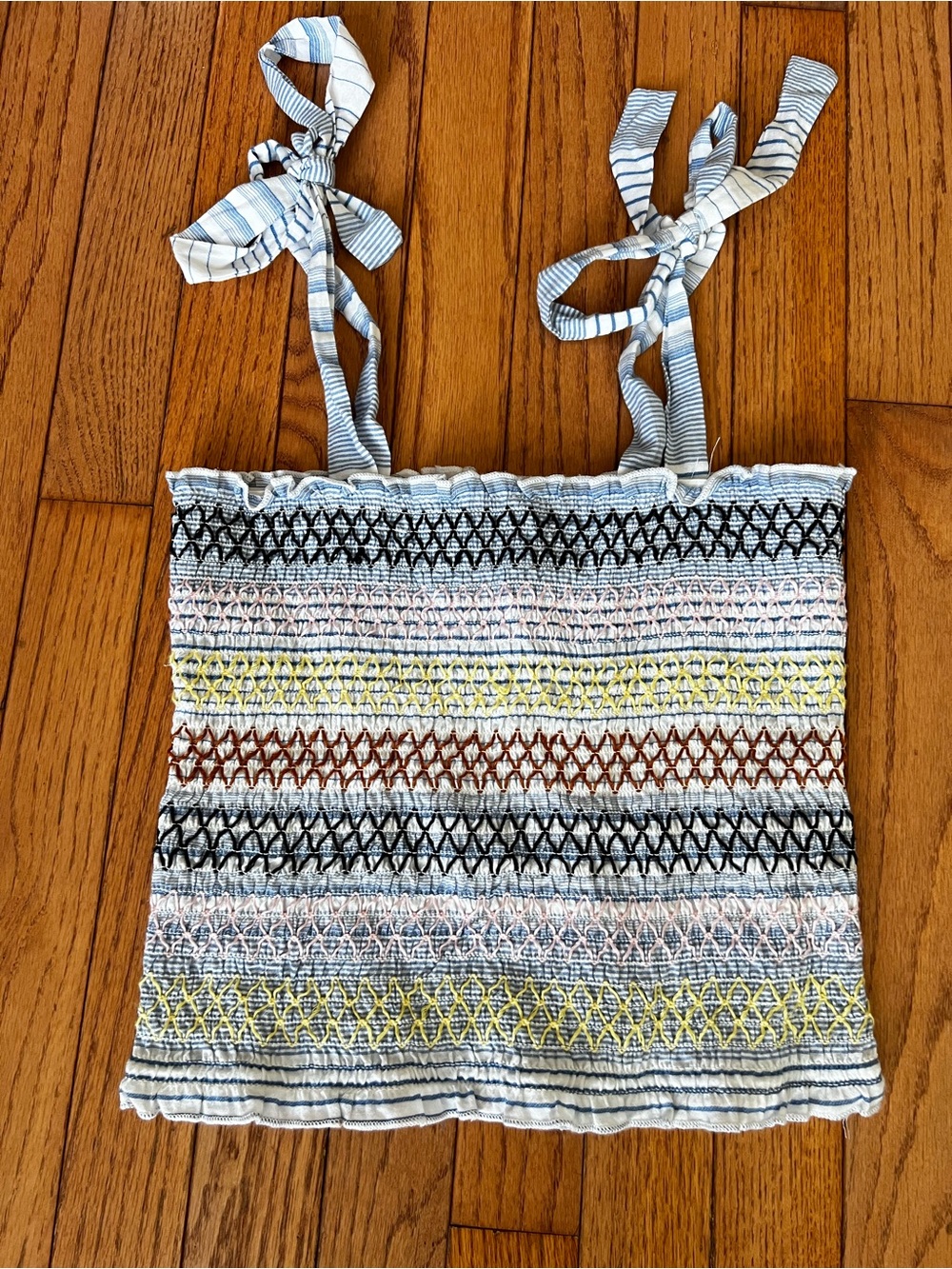 Self Esteem Y2K Light Blue Smocked Striped Embroidered Tie-Shoulder Cami